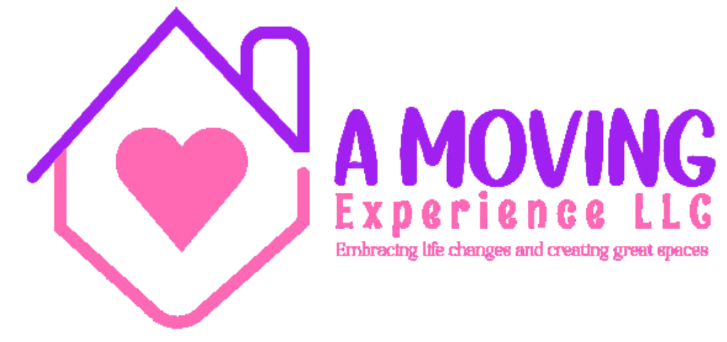 A pink and purple logo for a moving experience llc