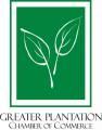 The greater plantation chamber of commerce logo is a green square with two leaves on it.