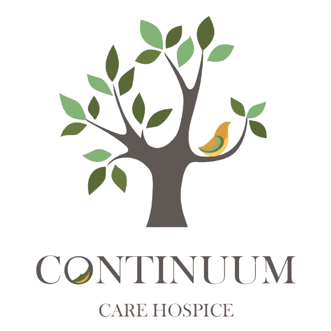 A logo for continuum care hospice with a tree and a bird on it