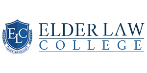The logo for elder law college is blue and white