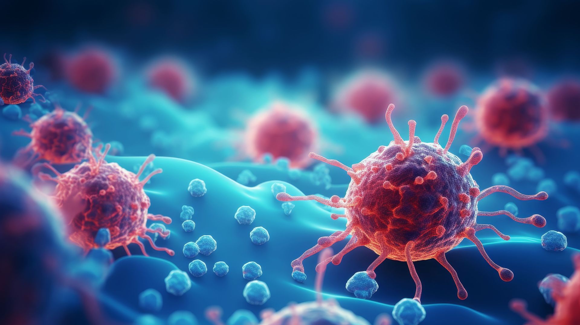 A computer generated image of a virus in a cell.