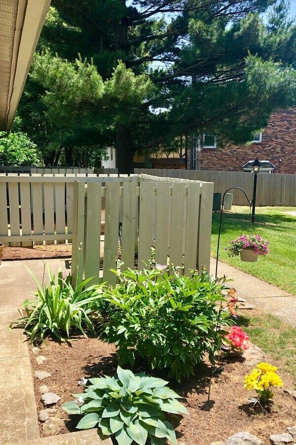 A white picket fence surrounds a garden with flowers and plants.