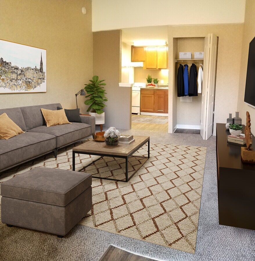 A living room with a couch ottoman and coffee table