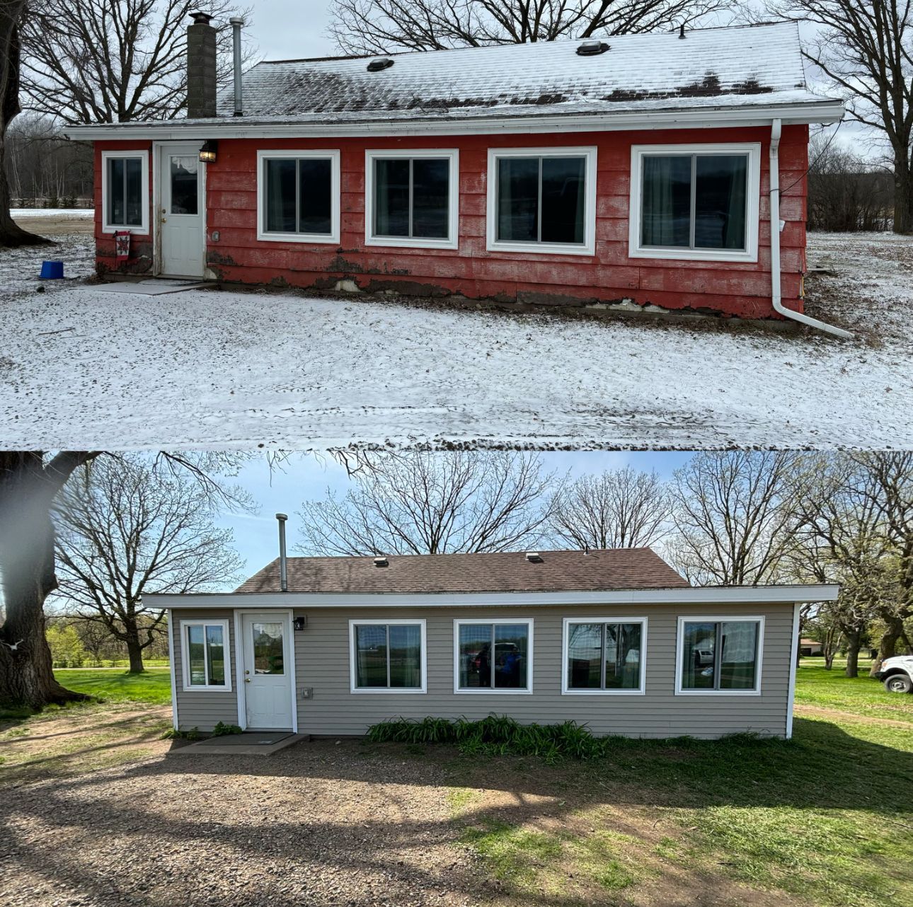 A before and after picture of a house with snow on the roof