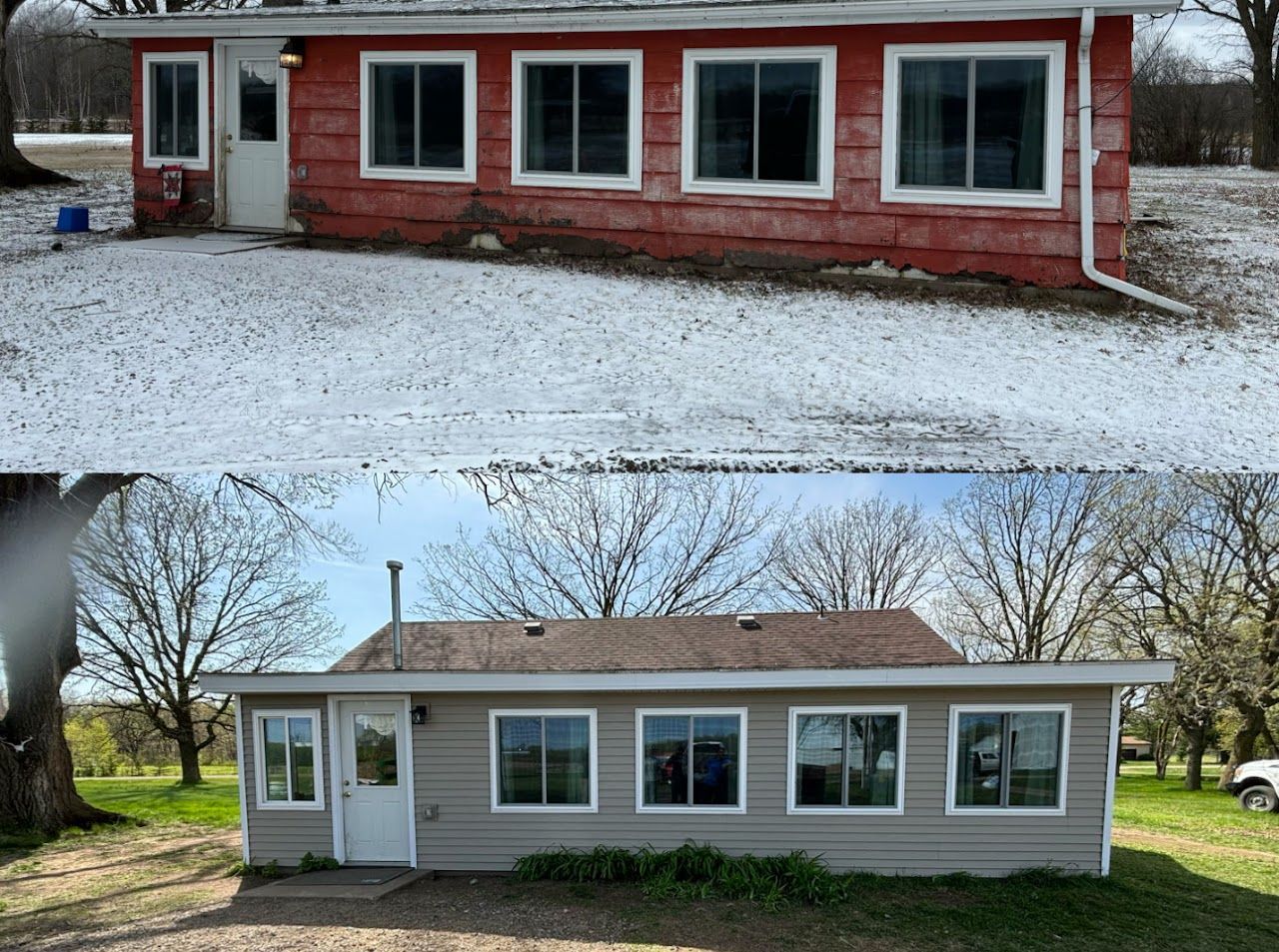 A before and after picture of a house with a lot of windows.