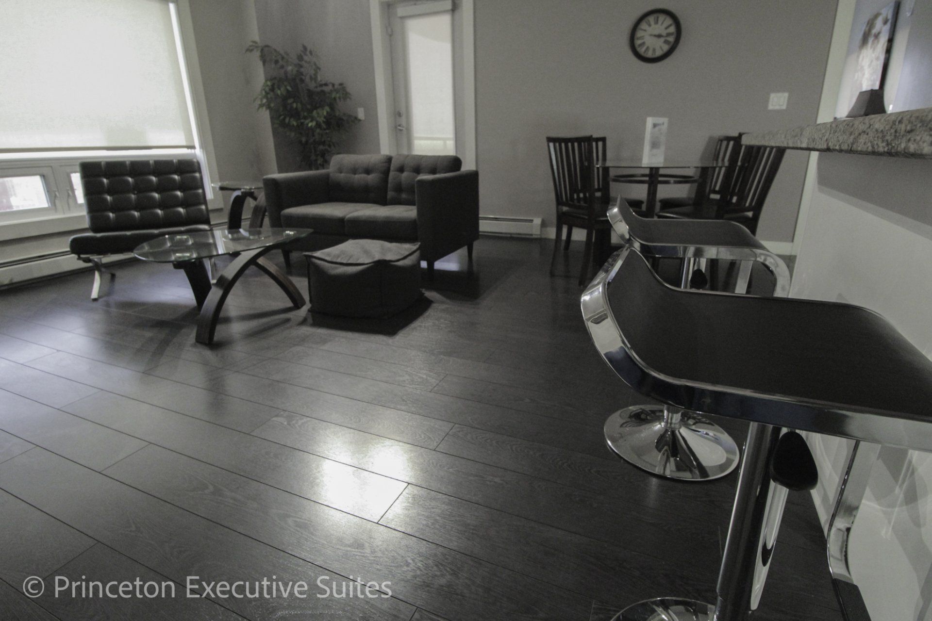 Dark hardwood flooring grey couch and black hardwood in this edmonton corporate suite