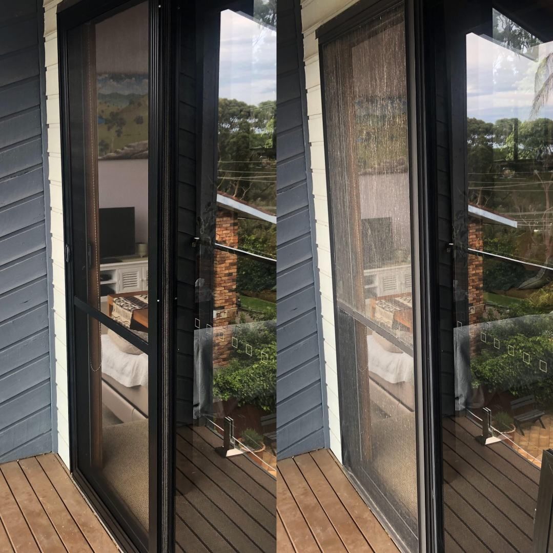 A Before And After Picture Of A Sliding Glass Door — Central Coast Flyscreen Service In West Gosford, NSW