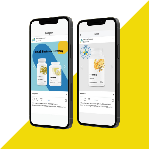 Two cell phones on Instagram are sitting next to each other on a yellow and white background.
