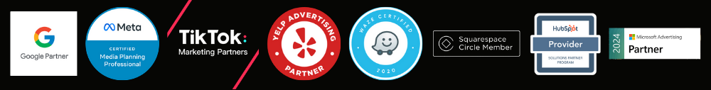 Logos for certifications including Google Partner, Meta, TikTok, Yelp, Waze, Squarespace, HubSpot and Microsoft
