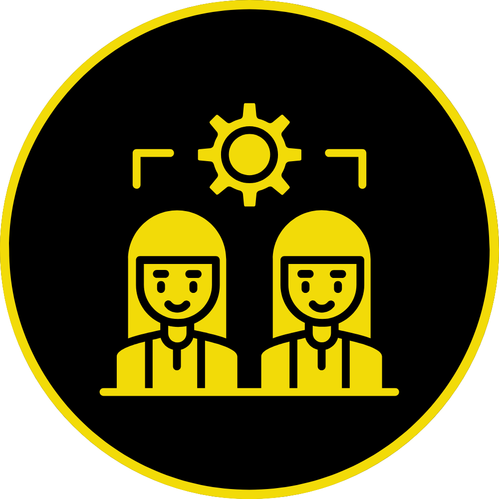 A yellow play button in a black circle on a white background.