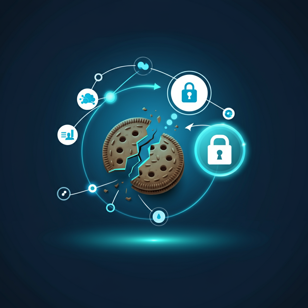 Broken cookie with glowing digital network and padlock icons.