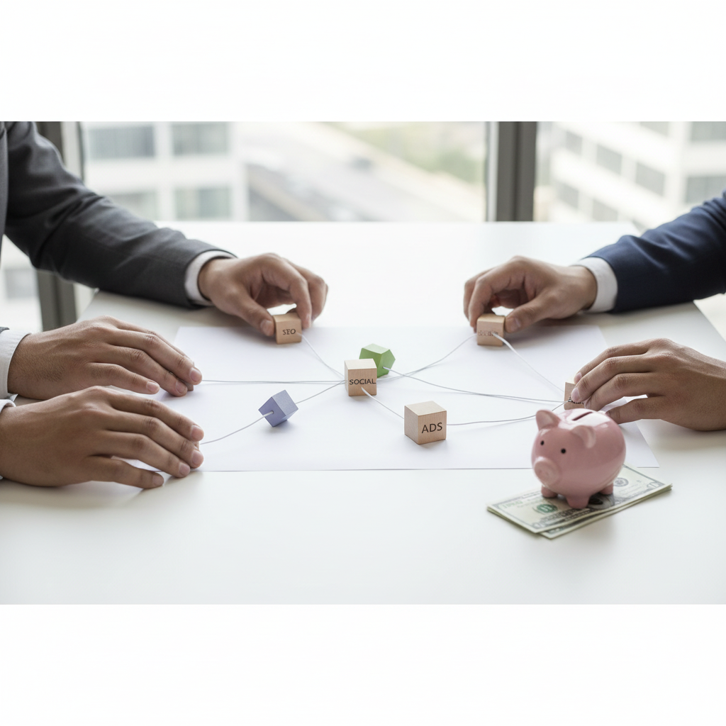 Four business people connecting wooden blocks and a piggy bank on a table.