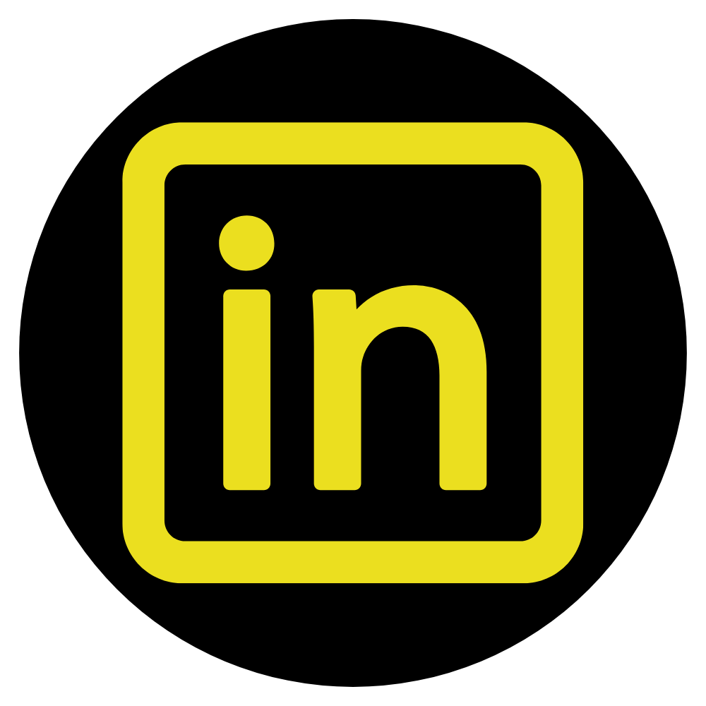 A yellow linkedin logo is in a black circle.