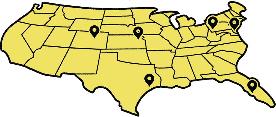 Map of the US with pins placed in areas Y Associates serves.

