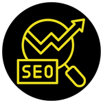 A yellow seo icon with a magnifying glass and an arrow.