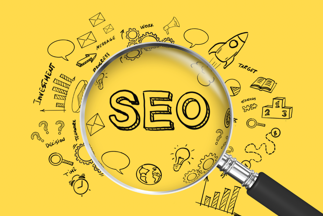 A magnifying glass on the word SEO