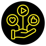 A hand holding three icons in a circle.