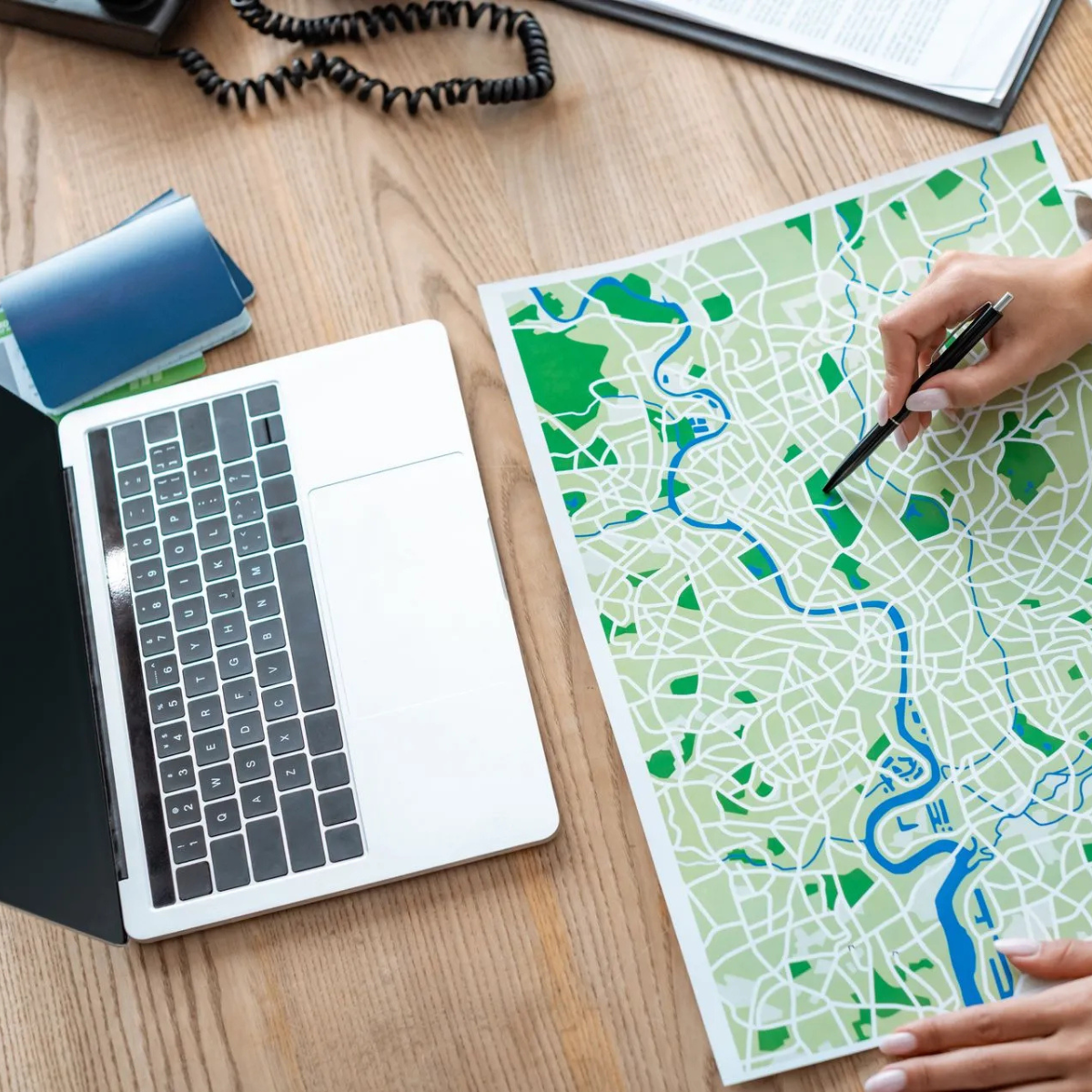 A person is drawing on a map next to a laptop