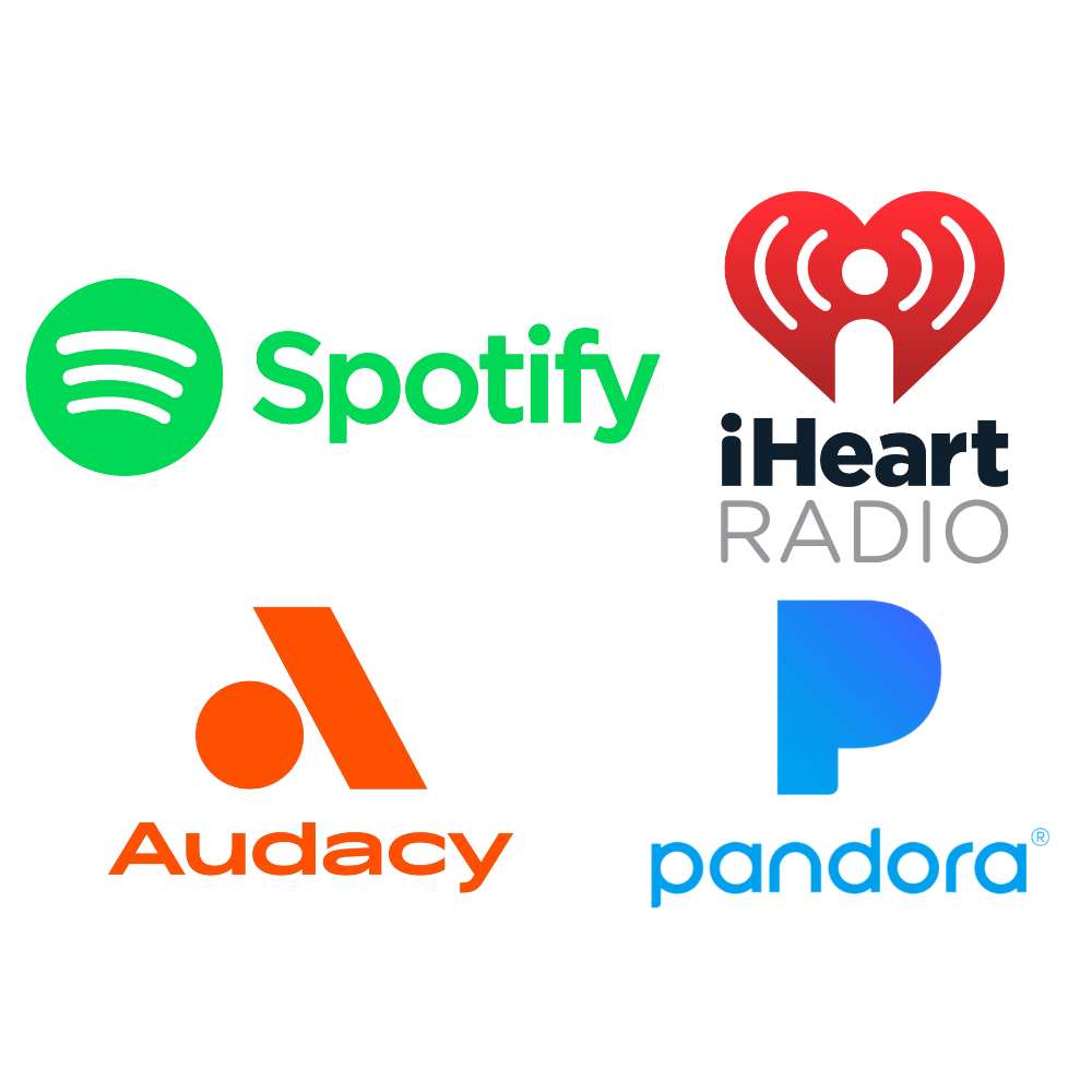 Logos for spotify , iheart radio , audacy , and pandora on a white background