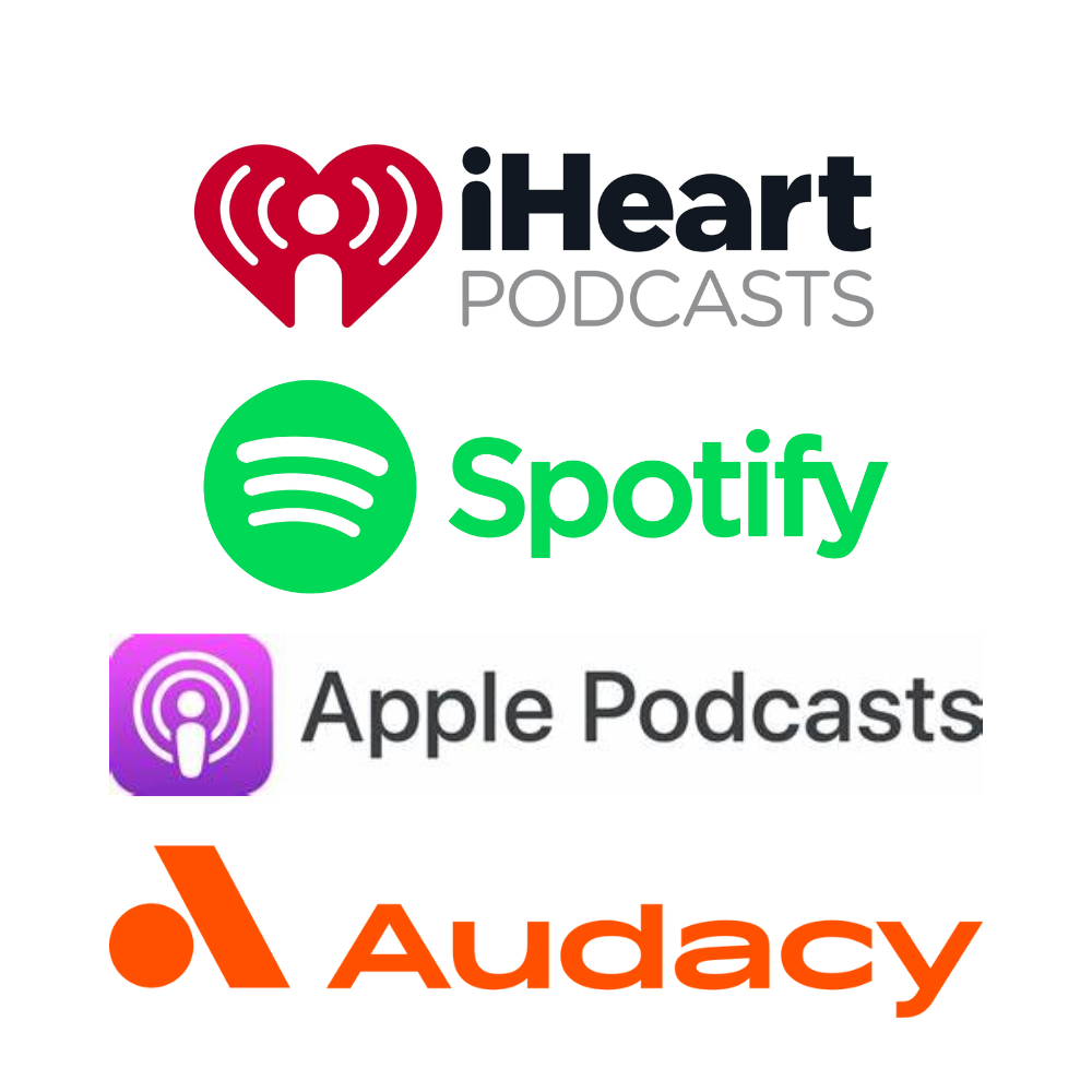 The logos for iheart podcasts , spotify , apple podcasts and audacy are displayed on a white background.