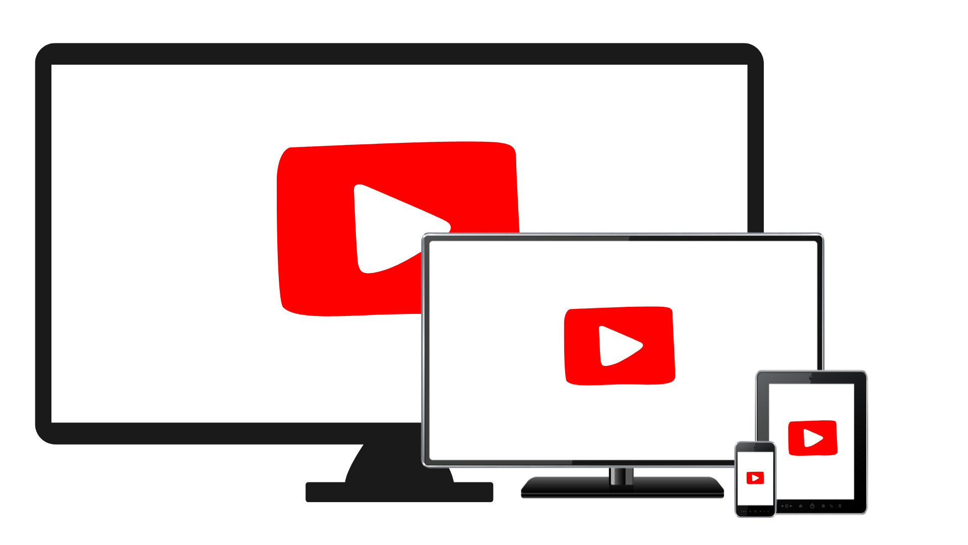 A computer , tablet , and phone with a youtube logo on them.