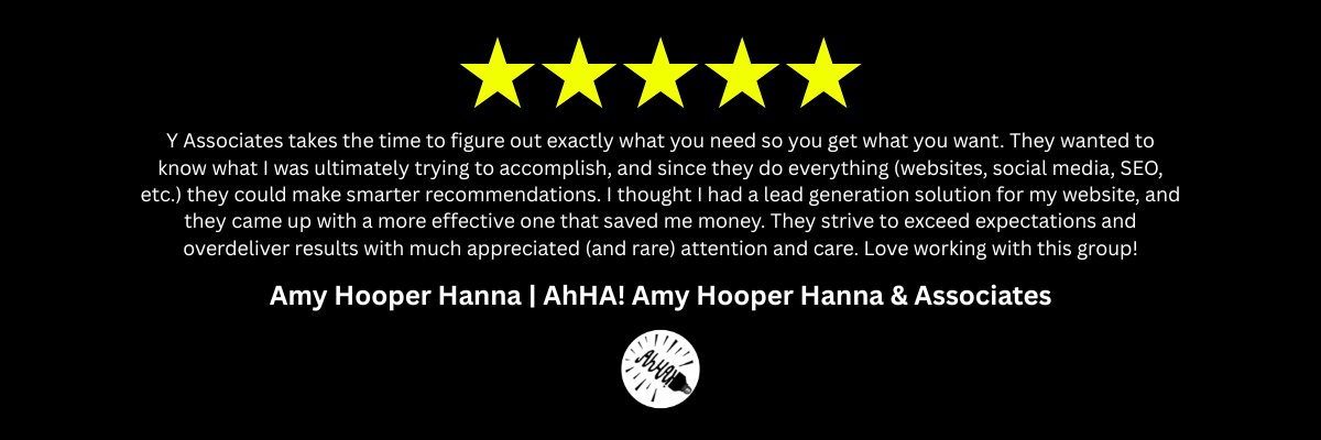 A black background with five stars and a logo for Amy Hooper Hanna and a positive review for Y Associates Services