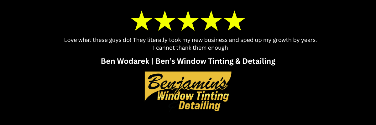A black background with five stars and a logo for Benjamin's Window Tinting Detailing and a positive review for Y Associates Services