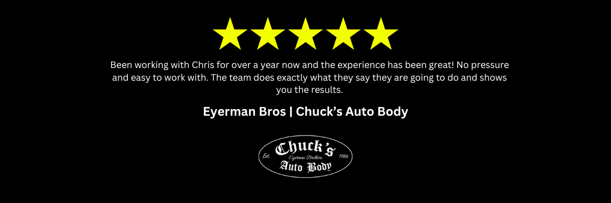 A black background with five stars and a logo for Chuck's Auto Body and a positive review for Y Associates Services