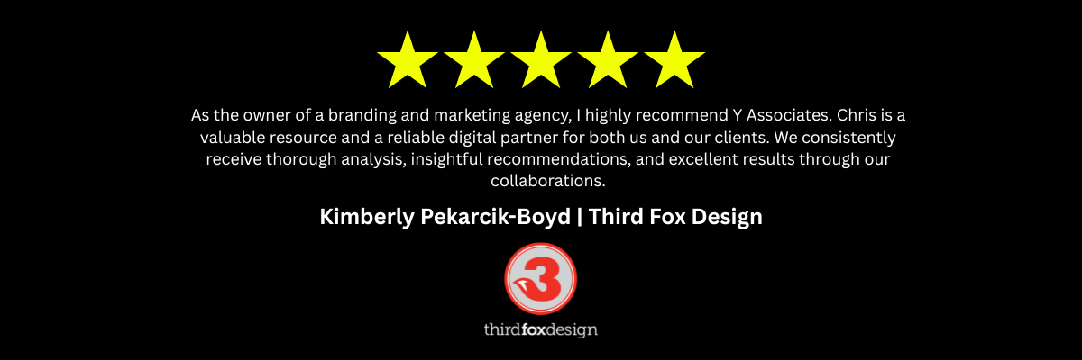 A black background with five stars and a logo for Third Fox Design and a positive review for Y Associates Services