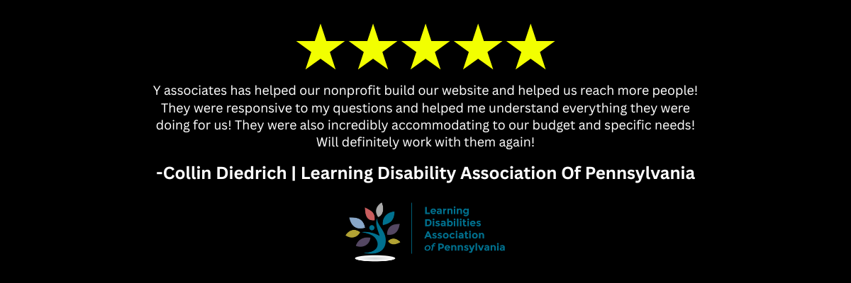 A black background with five stars and a logo for LDA of PA and a positive review for Y Associates Services