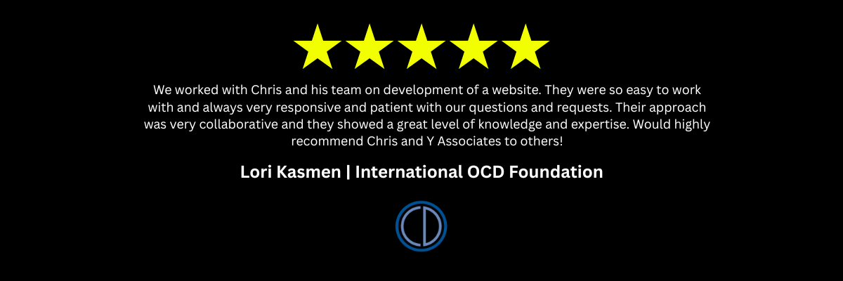 A black background with five stars and a logo for International OCD Foundation and a positive review for Y Associates Services