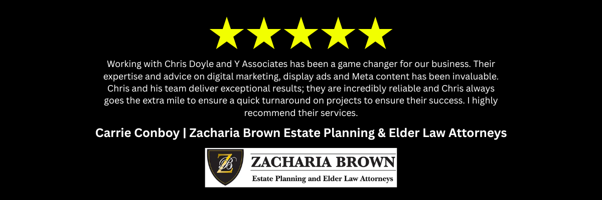 A black background with five stars and a logo for zacharia brown and a positive review for Y Associates Services
