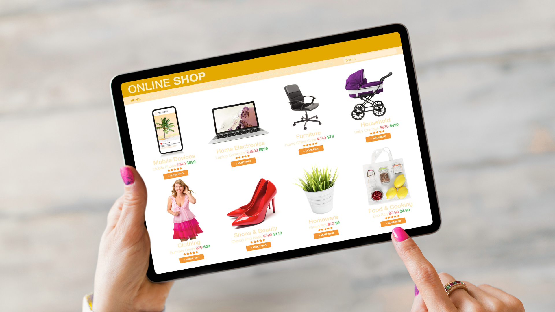 A woman is holding a tablet with an online shop on the screen.