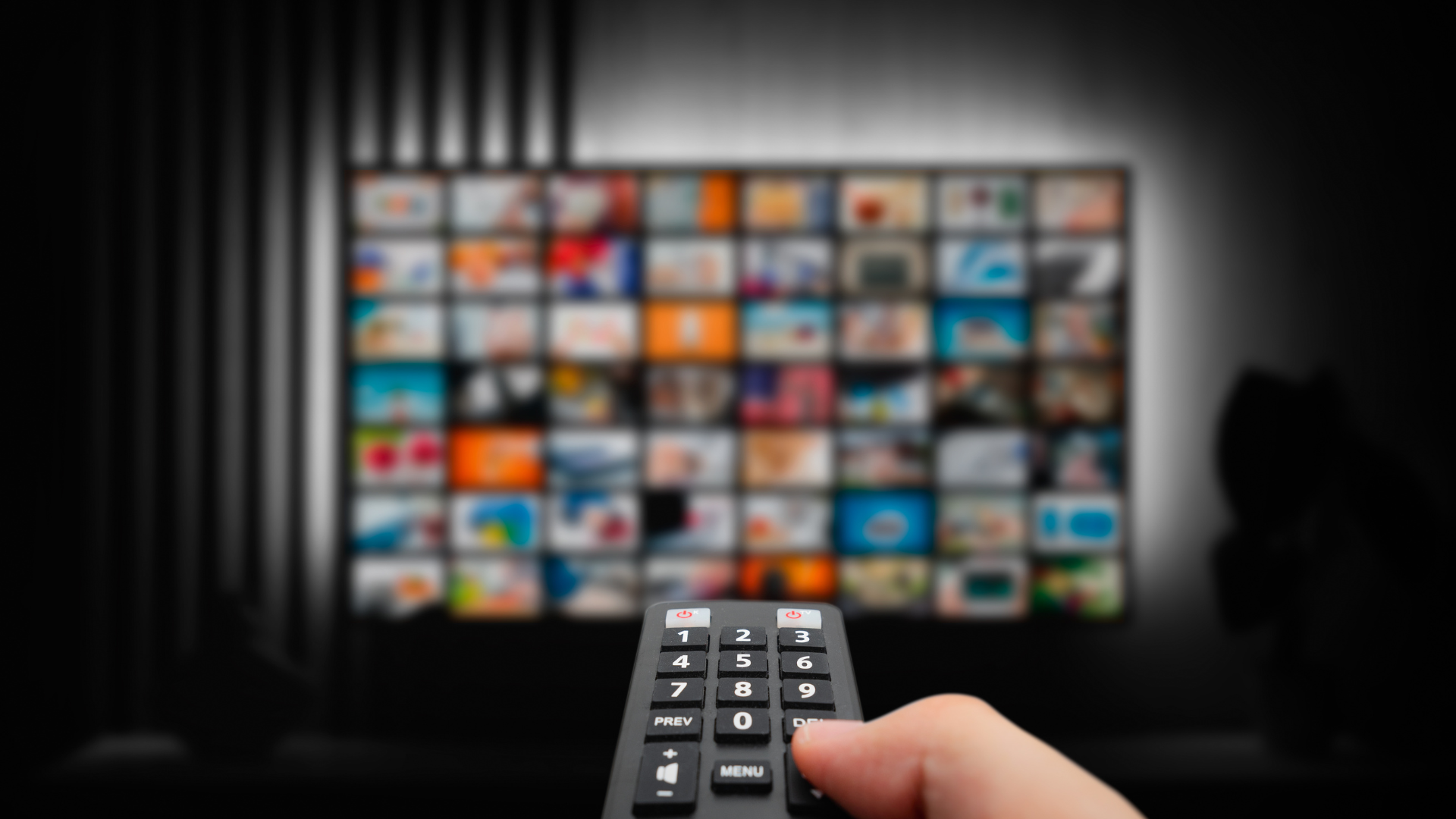 A person is holding a remote control in front of a television.