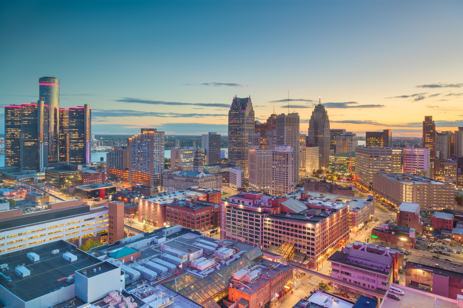 An aerial view of a city skyline at night.
