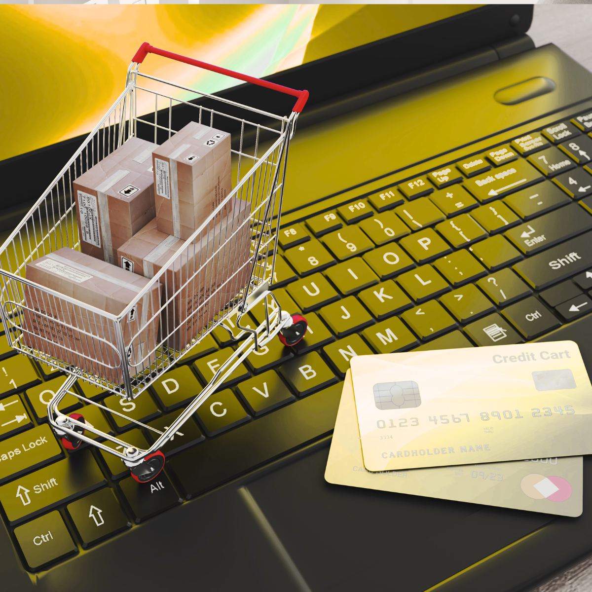 A shopping cart filled with boxes sits on top of a laptop keyboard