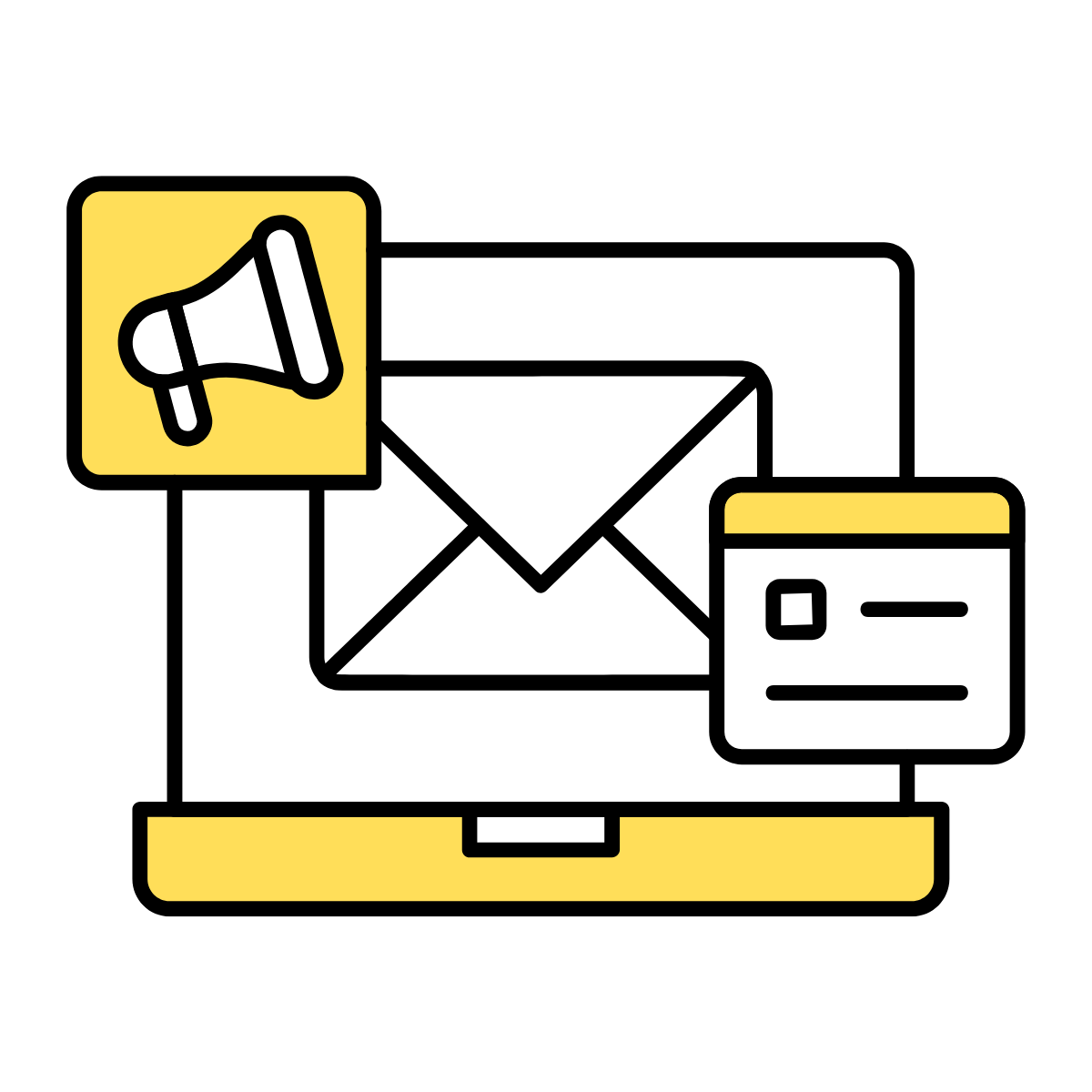 A laptop with an envelope , a megaphone , and a card on it.