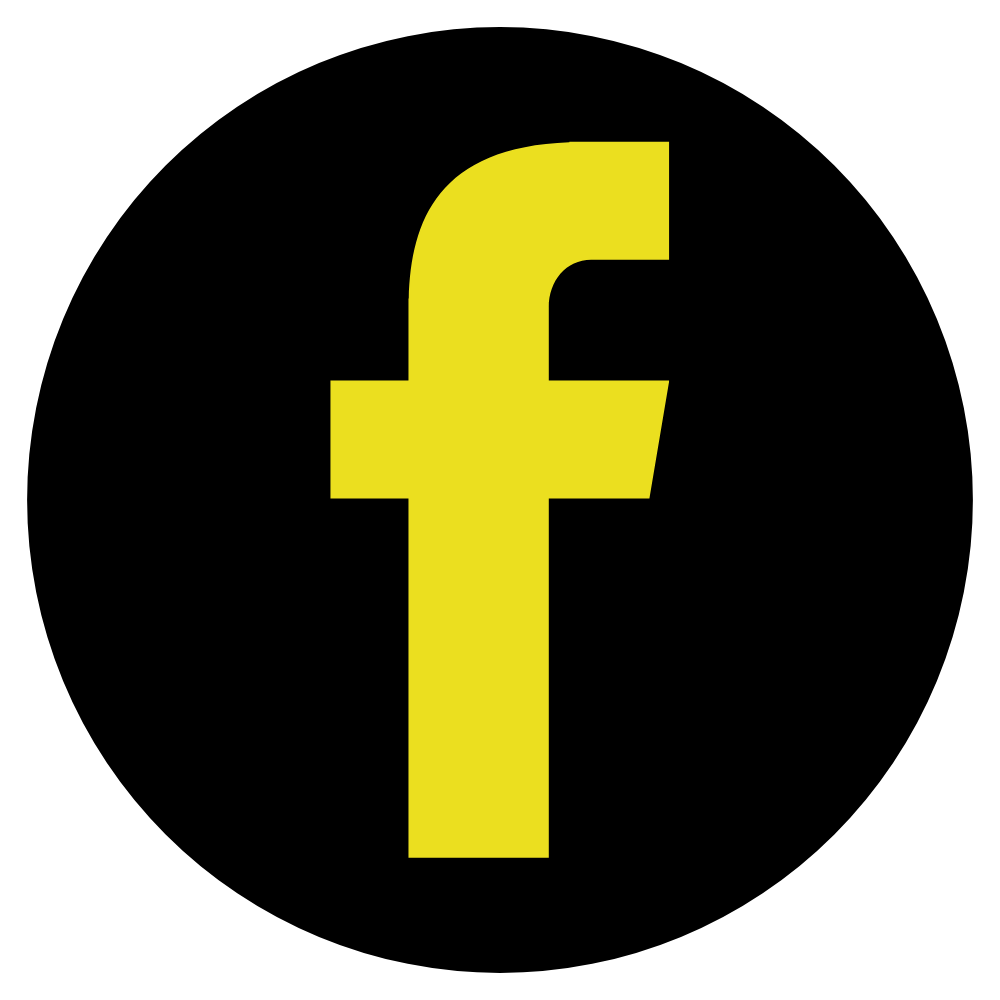 A yellow facebook logo in a black circle on a white background.