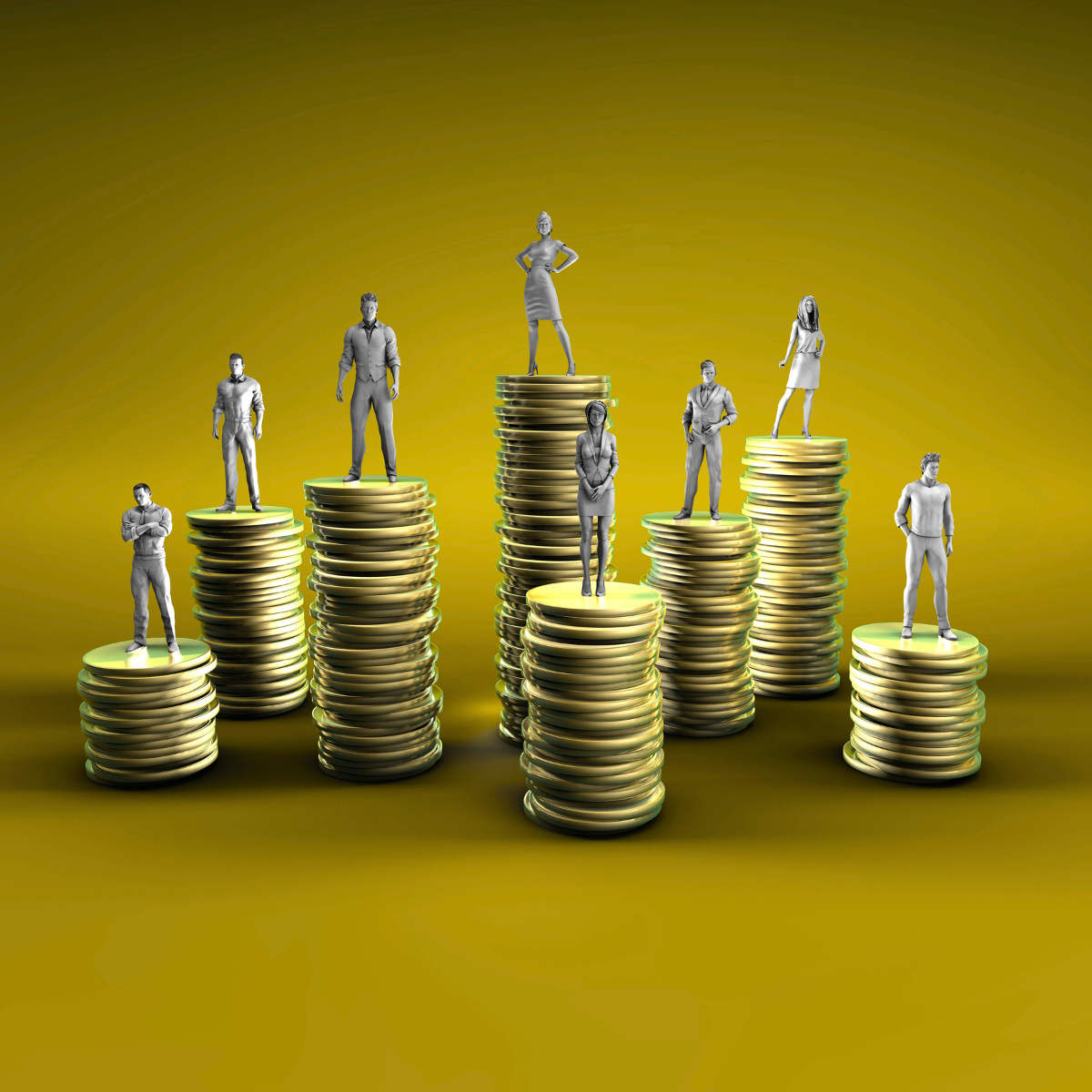 A group of people standing on top of stacks of gold coins.