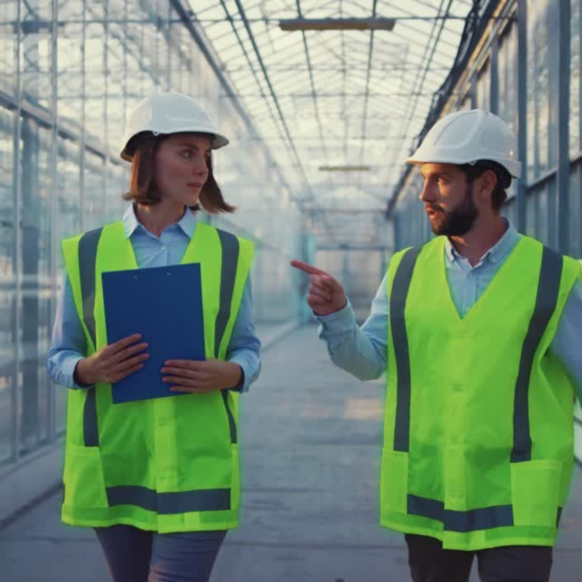 A man and a woman wearing safety vests and hard hats are walking down a hallway.
