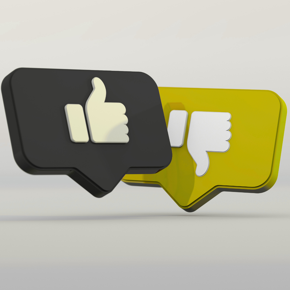 A black and yellow speech bubble with a thumbs up and thumbs down