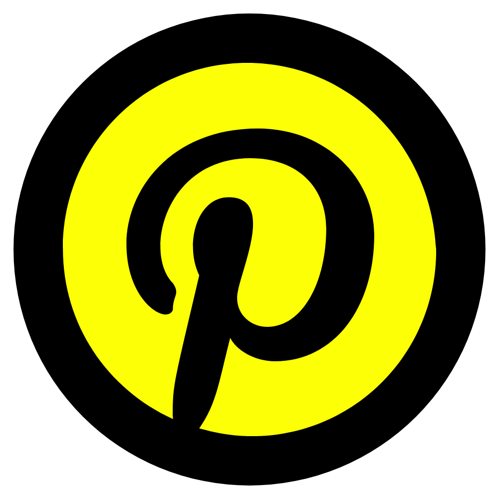 A black and yellow pinterest logo in a black circle on a white background.