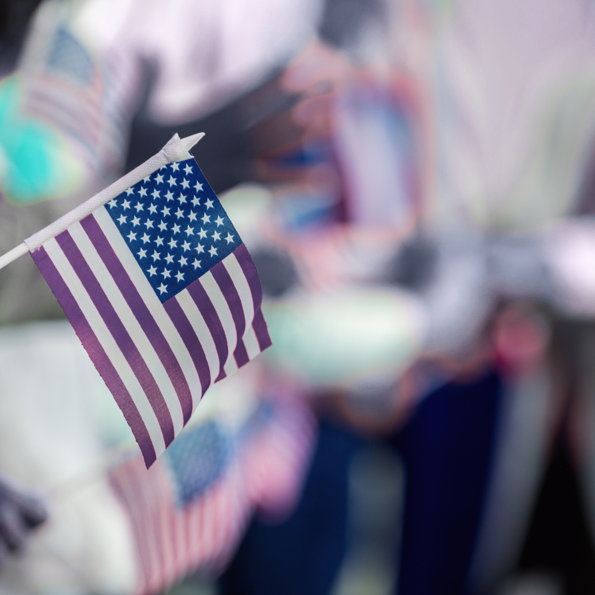 A person is holding a small american flag in their hand
