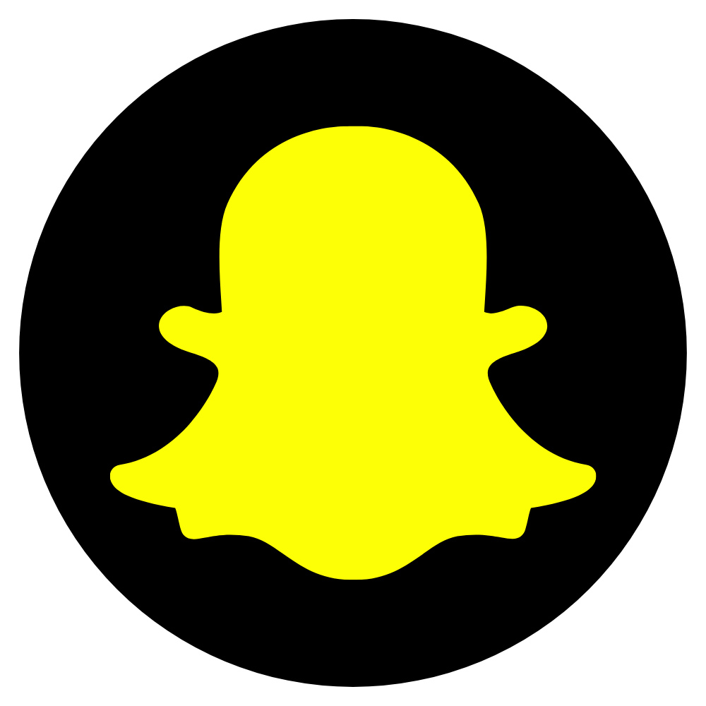 A yellow snapchat logo in a black circle on a white background.