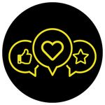 A circle with a heart , thumbs up , and star in it.