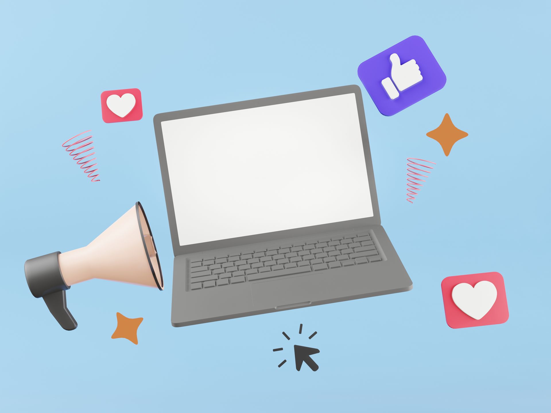 Laptop with social media icons and megaphone on a blue background.