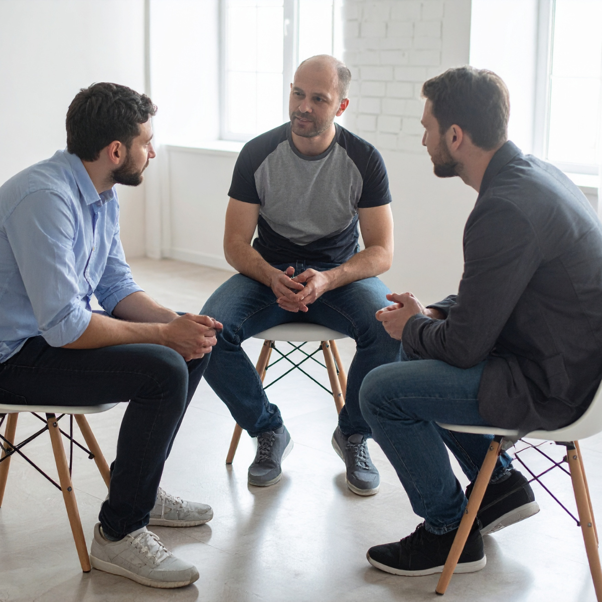 Three men are sitting in chairs in a circle talking to each other.
