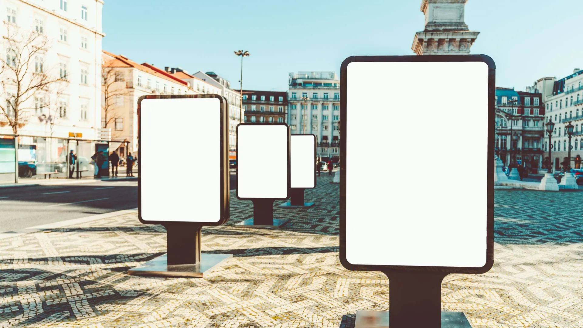 A row of empty billboards in a city park.