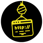 A yellow icon of a crane lifting a http:// sign.