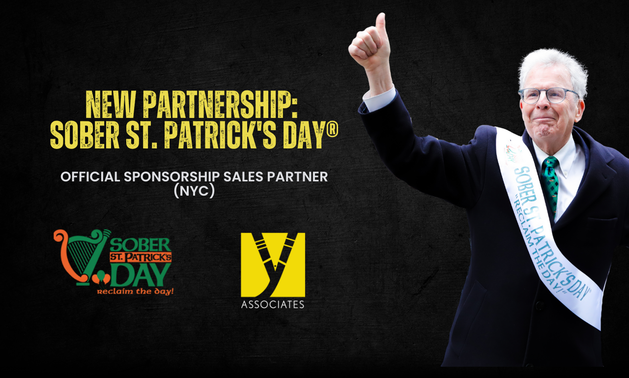 Partnership announcement for Sober St. Patrick's Day with a man in suit giving a thumbs up.